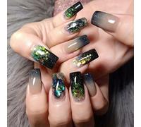 24Pcs Press on Nails Square Long French Tip False Nails Black Glitter Natural Fake Nails with Glue Stickers Full Cover Autumn Winter Acrylic Stick on Nails for Women and Girls