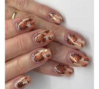 24Pcs Press On Nails Tips Gold Foil Striped Leaf Short Square Form Artificial Fingernails With Radiance Coating Fall Leaf Design Press On Nail