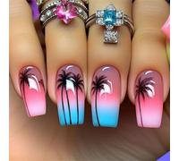 24pcs Press On Nails With Coconut Tree Designs Decors Full Covers Acrylic For Women Holiday Vacation Blue False Nail