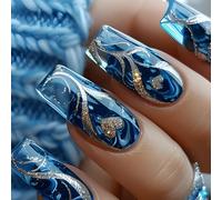 24pcs Press On Nails With Gold Glitters Heart Art Blue Square Styles Manicure Nails Accesories For Women And Girls Gold Glitters False Nail
