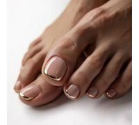24Pcs Press on Toe Nails,Nude Pink Gold Edge French Short Square Toenails | Glossy Finish, Elegant Design,Lightweight Full-Cover Stick On Toenails, Easy DIY Pedicure for Holidays & Everyday Wear