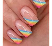 24pcs Pride Rainbow French Tip Press On Nails - Glossy Nude False Nails with Pastel Striped Border - Medium Square Length Fake Nails Kit for Daily Wear, Festival, Parties - Acrylic ABS Manicure