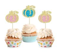 24Pcs Pumpkin Boy or Girl Cupcake Toppers Glitter Gender Reveal Pumpkin Cupcake Picks Baby Little Feet Cake Decorations for Fall Theme Baby Shower Kids Birthday Party Supplies Blue Pink