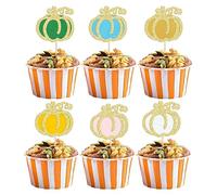 24Pcs Pumpkin Cupcake Toppers Glitter Fall Theme Pumpkin Cupcake Pick Decorations Thanksgiving Halloween Cake Decorations for Pumpkin Theme Baby Shower Birthday Party Multi