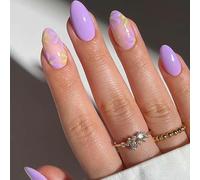 24PCS Purple Floral Press On Nails Almond Shape - Fresh Lilac & Nude Combo with Glossy Finish, Elegant Flower Petal Nail Art Full Cover Stick On False for Women