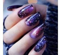24Pcs Purple Galaxy Gradient Press-On Nails Coffin Shape with Sparkling Stars & Glitter - Elegant Medium Length False Nails, High- Multiple Sizes