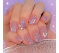 24PCS Purple Glitter French Tip Ballerina False Nails Short Coffin Shape Full Cover Press On Set with Manicure Tools for Easy Application Removal Reusable - Delicate Sparkling Aesthetic Natural