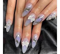 24PCS Purple Glitter Ombre Press On Nails - Medium Almond Shape False Nails for Women, Full Coverage Acrylic Art, Includes Removable Accessory Tools for Easy Application, Durable ABS Material