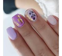 24Pcs Purplee Gold Glitter Winter Short Tips No Needed Holiday Party ABS Glossy
