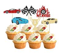 24Pcs Race Car Cupcake Toppers Glitter Traffic Light Steering Wheel Trophy Flag Racing Car Cupcake Pick Decorations for Let's Go Racing Sports Theme Baby Shower Boys Birthday Party
