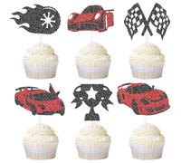 24Pcs Race Car Happy Birthday Cupcake Topper Glitter Racing Car Cupcake Decoration Personalised Racing Themed Birthday Party Supplies for Kids Boys and Man