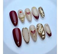 24PCS Red and Nude Almond Press On Nails - Medium Length False Nails with Heart, Star and Pearl Accents, Metallic Embossed Design - Elegant Slightly 3D Nail Set with Accessory Tools