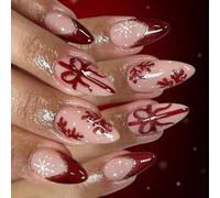 24Pcs Red And White Press On Frosted Snowflakes French Manicure ABS Component Beauty Solution Red French Tip