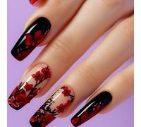 24PCS Red Black Floral Press On Nails Long Square - Glossy False Nails with 3D Flower Design, Full Cover ABS for Women Girls, Reusable & Easy to Apply Salon-Quality
