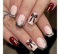 24PCS Red Bows Design Durability ABS Materials Fake Nails Comfort Fit for Daily Use Various Event Press on Nail for Women