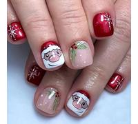 24PCS Red Christmas Press On Nails - Short Square Acrylic Stick On Nails with Santa Claus and Snowflake Pattern, Full Cover Reusable ABS with Jelly Adhesive for Women and Girls Winter Look