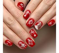24Pcs Red Christmas Press On Nails - Short Square Strong Glue on False Nails - Reusable, Durable Christmas False Nails in 12 Sizes - Ideal as Christmas Nails Decoration for Women