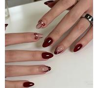 24Pcs Red False Nails Almond - French Manicure Press on Nails with Bow Pearl Decoration - Removable Glue on nails - Durable Fake Nails for Women Nails Accessories