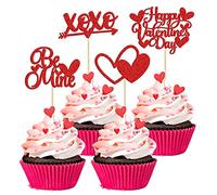 24Pcs Red Glitter Happy Valentine's Day Cupcake Toppers Pink Glitter Love Heart Be Mine Cupcake Picks Valentine's Day Theme Wedding Engagement Party Cake Decorations Supplies