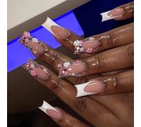 24pcs Red Lips Frosted White Wearable Long Fake Nails Detachable Finished Press On Nails For Girls(Y7)