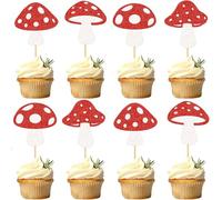 24PCS Red Mushroom Cupcake Toppers - Enchanted Forest Fairy Garden Theme | 4 Glitter Designs | Handmade Picks for Birthday, Baby Shower, Woodland Party