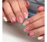 24Pcs Red Polka Dot Nails - Nude White Press on Nails French Tip - Short Almond False nails with Glue - French Manicure Fake Nails - Acrylic Stick on nails for Women Daily Wear Party Date Holiday