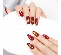 24PCS Red Short False Nails，French Style Golden Cat's Eye False Nails，Cat Eye Press On Nails，Paired with jelly glue and nail files，Full Cover Long Lasting Stick on Nails, detachable DIY nail art.