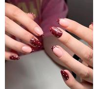 24PCS Red Stick on Nails - Almond Press on Nails French Tip - False nails with Glue - Medium Fake Nails with White Dots - Glue on nails for Women - Full Cover Acrylic Nail Tips for Christmas Manicure