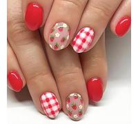 24PCS Red Strawberry Press On Nails Short Round with Nail Tools - Gingham Pattern Reusable False Nails For Women, Easy To Apply, Comfortable Fit, Trendy DIY Manicure Set