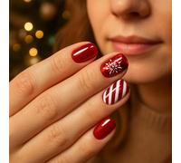 24PCS Red Stripe Press On Nails Short Almond Shape - Red & White Snowflake Design Fake Nails Set, Strong Stick-On Acrylic Gel with Jelly Adhesive, Festive Holiday French Manicure Kit