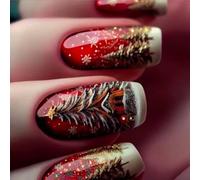 24PCS Redness Glitters With Snowflake Design Christmas Party Wear ABS False Nails Easy Application Rhinestones Decorations Marbled Wine Red Artificial Nail