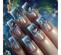 24PCS Reusable Marine Life Pattern Clear ABS False Nails Comfortable For Daily Use And Special Occasions Marine Theme Press On Nail