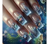 24PCS Reusable Press On Nails Marine Life Pattern Clear ABS False Nails Comfortable For Daily Use And Special Occasions Fashionable Press On Nail For Women