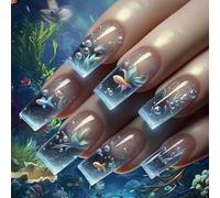 24PCS Reusable Press On Nails Marine Life Pattern Clear ABS False Nails Comfortable For Daily Use And Special Occasions Quick Application Fakes Nail