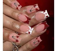 24Pcs Romance Glitters Heart French Tip Fake Nails Red Glossy Short Artificial Nails for Women Special Occasions Party Valentines Day Red French False Nail