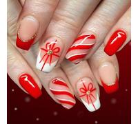 24PCS Santa Snowflake Press On Nails Christmas French White Tip Glitters Fake Nails Holiday Party Manicure Striped Gift Ribbon Fake Nail