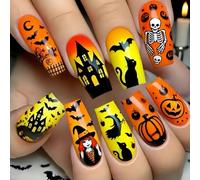 24pcs/set Halloween Fake Nails Coffin Shape With Pumpkin Ghosted Spiderweb Art For Party And Festive Event Halloween Press On Nail