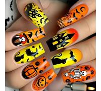 24pcs/Set Halloween Fake Nails Coffin Shape with Pumpkin Ghosted Spiderweb Art for Party and Festive Event