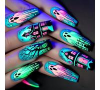 24Pcs/set Halloween False Nails With Glues Strips Long Ballet Blue Ghostly Design ABS Fake Nails For Women Party Long Coffin Halloween False Nail
