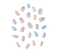 24Pcs/Set Women Girls Medium Coffin Shaped Blue French Heart Flower Yellow Bow Decoration Wearable Fake Nail Press On Nail Art Detachable Manicure Autumn Winter Luxury