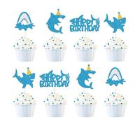 24Pcs Shark Cupcake Toppers, Shark Happy Week Decorations, Shark Birthday Party Decorations, Blue and Gold Glitter (Shark Happy Birthday)