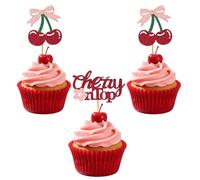 24pcs She‘s The Cherry On Top Cupcake Toppers, Red Glitter Fruit Theme Cake Picks for Fruit Theme Birthday Baby Shower Bridal Party Shower Cake Decorations