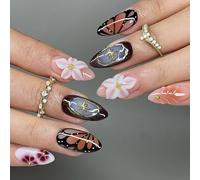 24PCS Shimmering False Nails with Lace Detailing for Evening Daily Use ABS False ABS Fake Home Manicure Professional Press Ons Multi Size Extensions Set