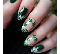 24Pcs Shining False Nails Including Four Leafs Clovers Design in Green and White for Festive Providing Styles and Luck Green Glitters Nails