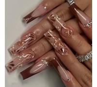 24PCS Shining Press On Nails French Floral Pattern Decoration Long Coffin False Nails Easy Application Coffee Brown Glittering Nail