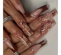 24PCS Shining Press On Nails French Floral Pattern Decoration Long Coffin False Nails Easy Application French Glittering False Nail