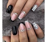 24pcs Shiny Black Stripes French Square Shape Fake Nails Rhinestone Accents for Women Artificial Nails Animal Stripes
