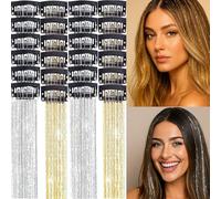 24PCS Shiny Silver & Gold Tinsel Hair Extensions - Clip-In Glitter Strands & Heat-Resistant Synthetic Highlights for Girls & Women - Festival Hair Accessories for Braids & Wavy Styles