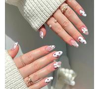 24pcs Short 3D Bows Almond Stick on French Styles Full Covers False with Strawberry Designs Party Ready Nail