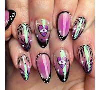 24Pcs Short Almond Artificial Nails With Glitters Heart Designs Press On Nails Full Covers False Nails Valentine's Day